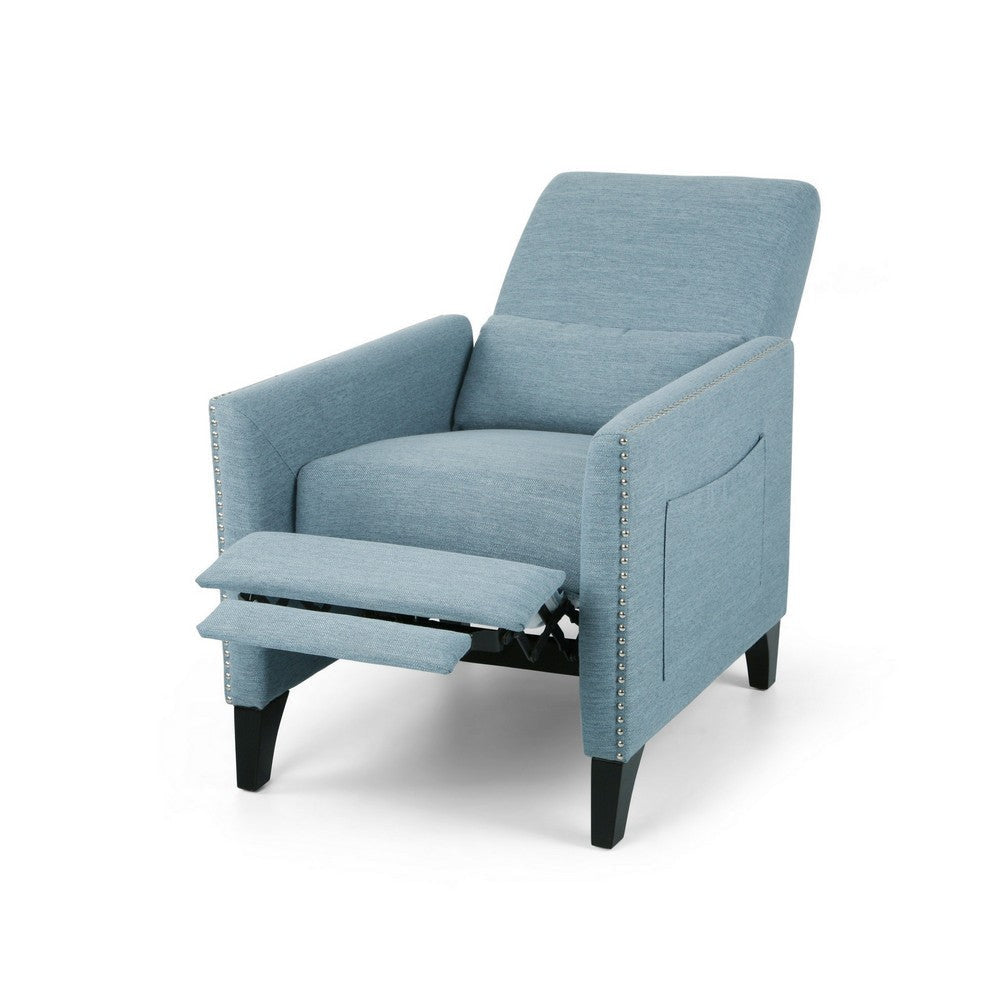 Davy Pushback Recliner Chair Nailhead Trim Birch Wood Blue Fabric