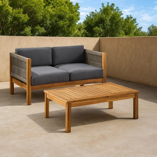 2pc Outdoor Loveseat Coffee Table Set | Brown Acacia Wood | Dark Gray