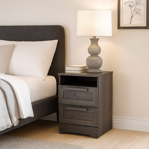 Vinie Nightstand | 2 Drawers and Open Top | 23" Dark Gray Faux Wood
