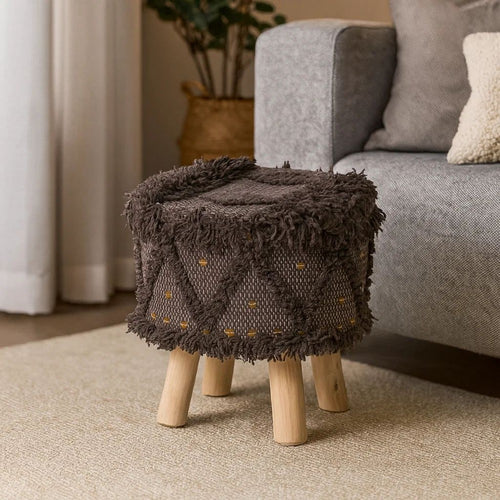 Footstool Ottoman | Handcrafted Boho Design | Brown Woven Seat | Wood