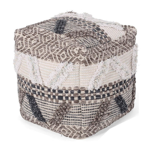 Ottoman Pouf, 16 Inch, Boho Design, White Beige Woven Wool, Bead Fill