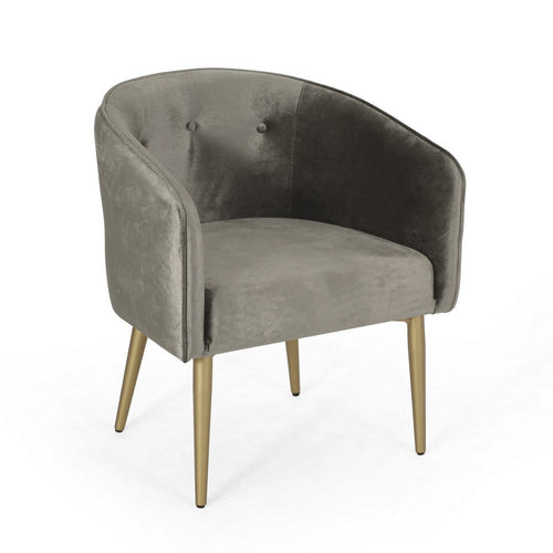 Dining Armchair, Round Button Tufted Backrest, Gray Velvet, Gold Legs