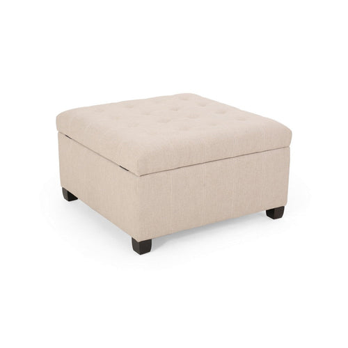 Cindy Storage Ottoman, Tufted Wheat Polyester, Brown Wood, 31 Inch