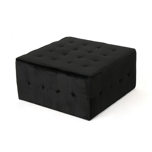 Ottoman, Tufted Soft Black Velvet, Iron Frame, Square 31 Inch Top