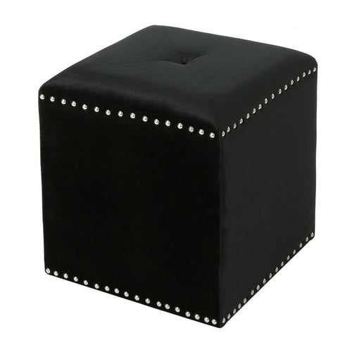 Neli Ottoman, Black Velvet, Single Tuft on Top, Nailhead Trim, 17 Inch