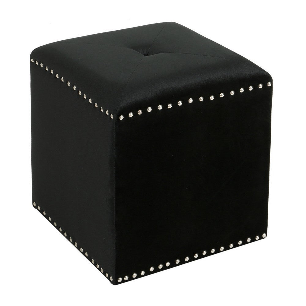 Neli Ottoman Black Velvet Single Tuft on Top Nailhead Trim 17 Inch