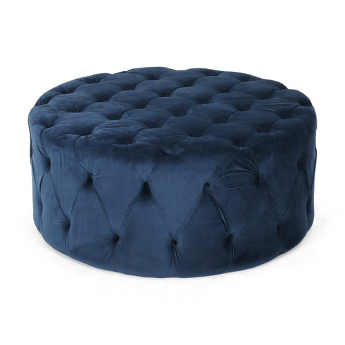 Vivan Ottoman, Tufted Blue Velvet, Soft Cushions, Round 40 Inch Top