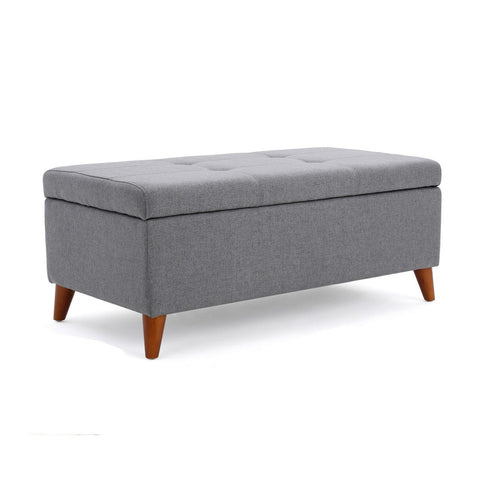 Storage Ottoman Bench | Gray Fabric Cushions | Brown Wood | 38 Inch