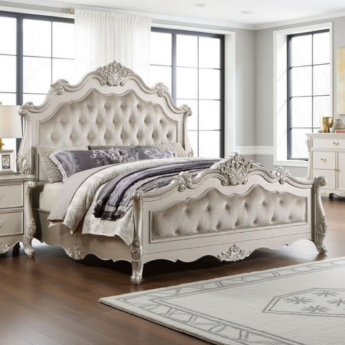 Bowe King Size Bed, Button Tufted Gray Upholstery, Scrolled Headboard