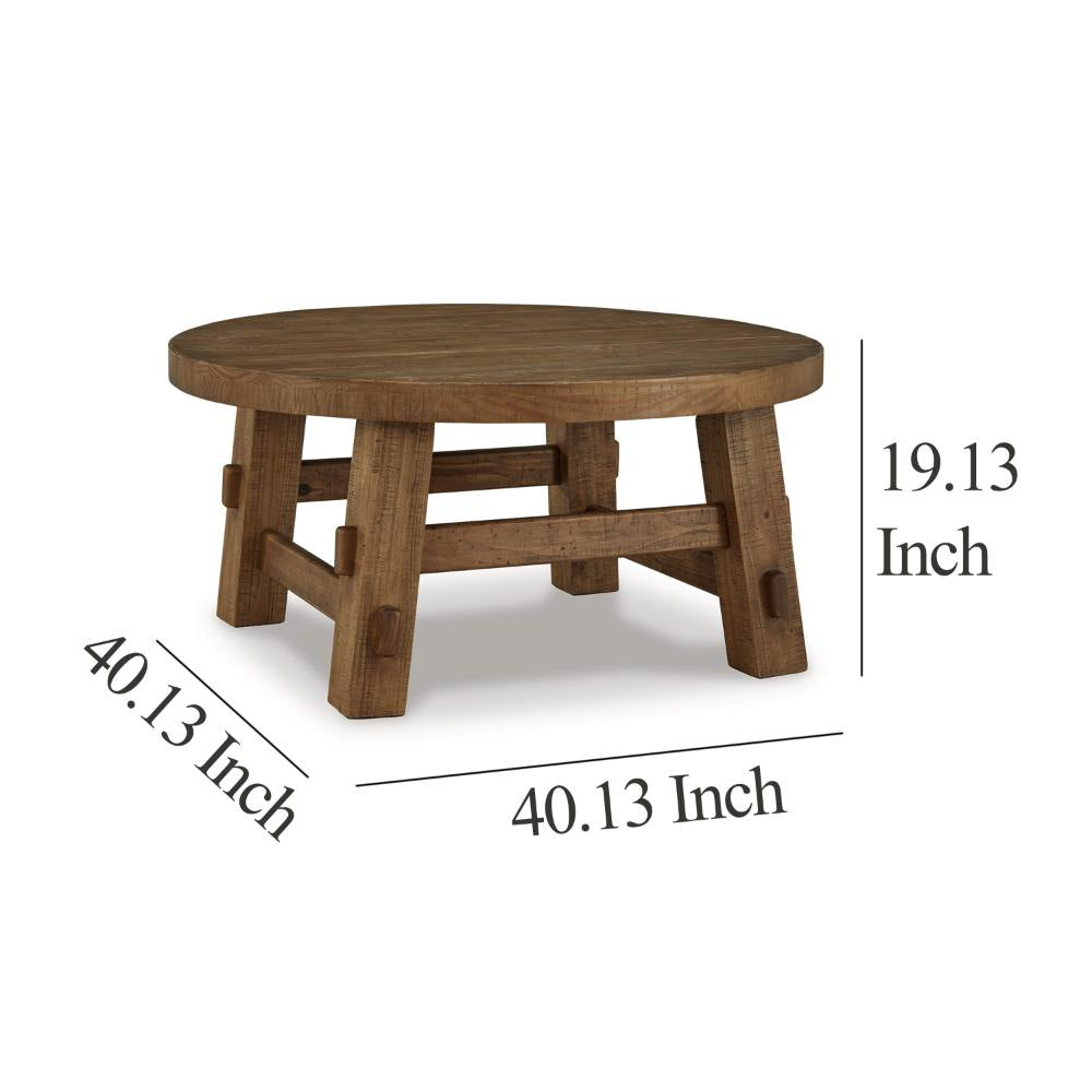 Ashley Ack Round Cocktail Coffee Table | Block Legs | 40’’ Brown Pine Wood BM327352