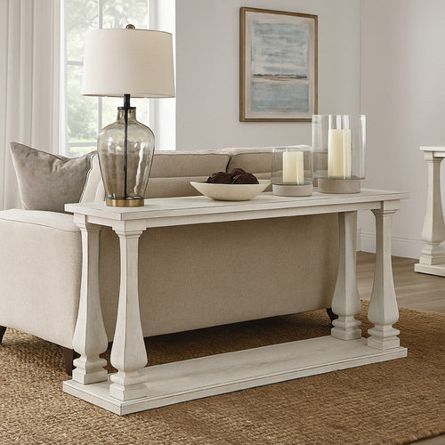 Ashley Dyne Sofa Console Table | Plank Top | Baluster Base | 60" White Wood