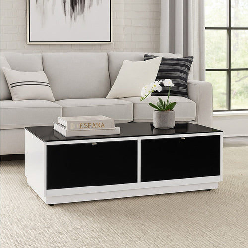 Ashley Tonny Cocktail Coffee Table | 2 Drawer | Black Glass Top | White Wood
