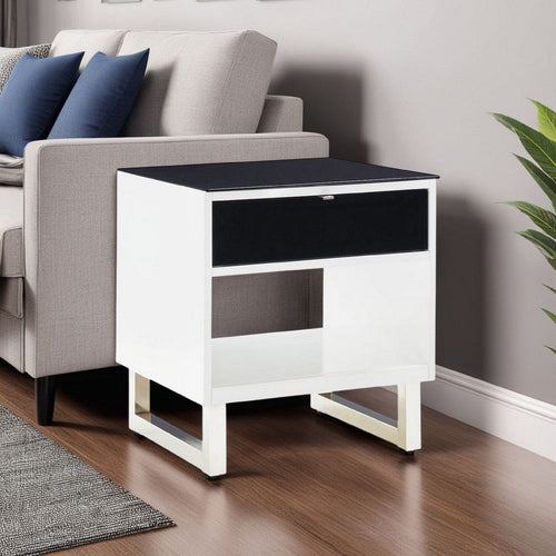 Ashley Tonny Side End Table | Drawer and Shelf | Black Glass | White | 22"