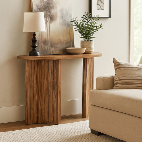 Ashley Anny Sofa Console Table | Curved Plinth Base | 52" Brown Oak Wood