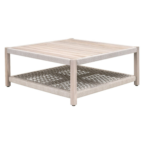 Xim Patio Coffee Table, 42 Inch Square, Slatted, Taupe Rope, Gray Teak