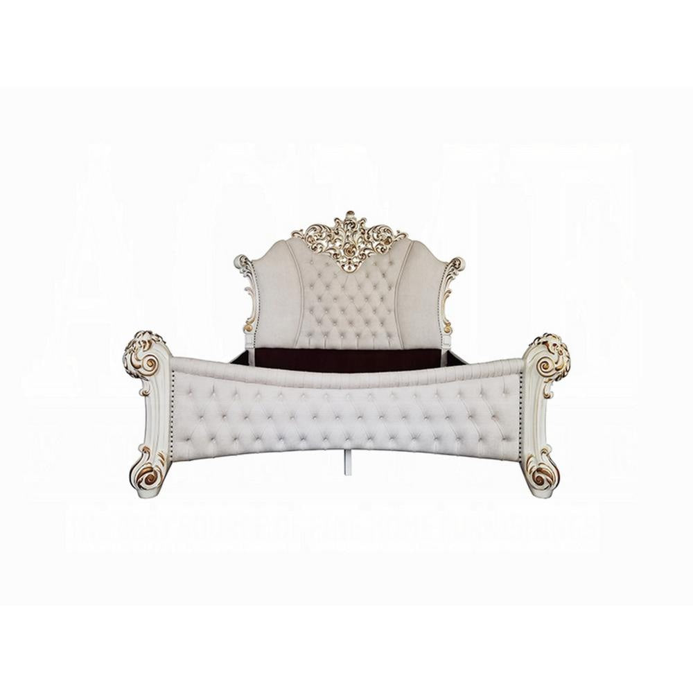 Antoine King Size Bed Ivory Faux Leather Victorian Carved Pearl White