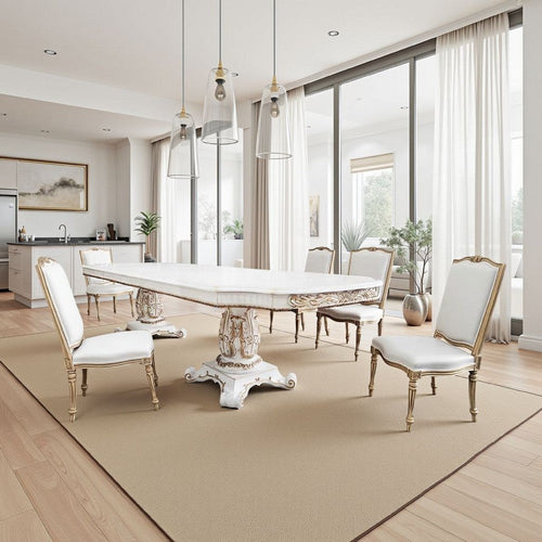 Antoine Dining Table, Carved Double Pedestal, 94-136 Inch, Pearl White