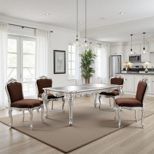 Bowe Dining Table, 80-96 Inch, Mirrored, Classic Champagne Silver Wood