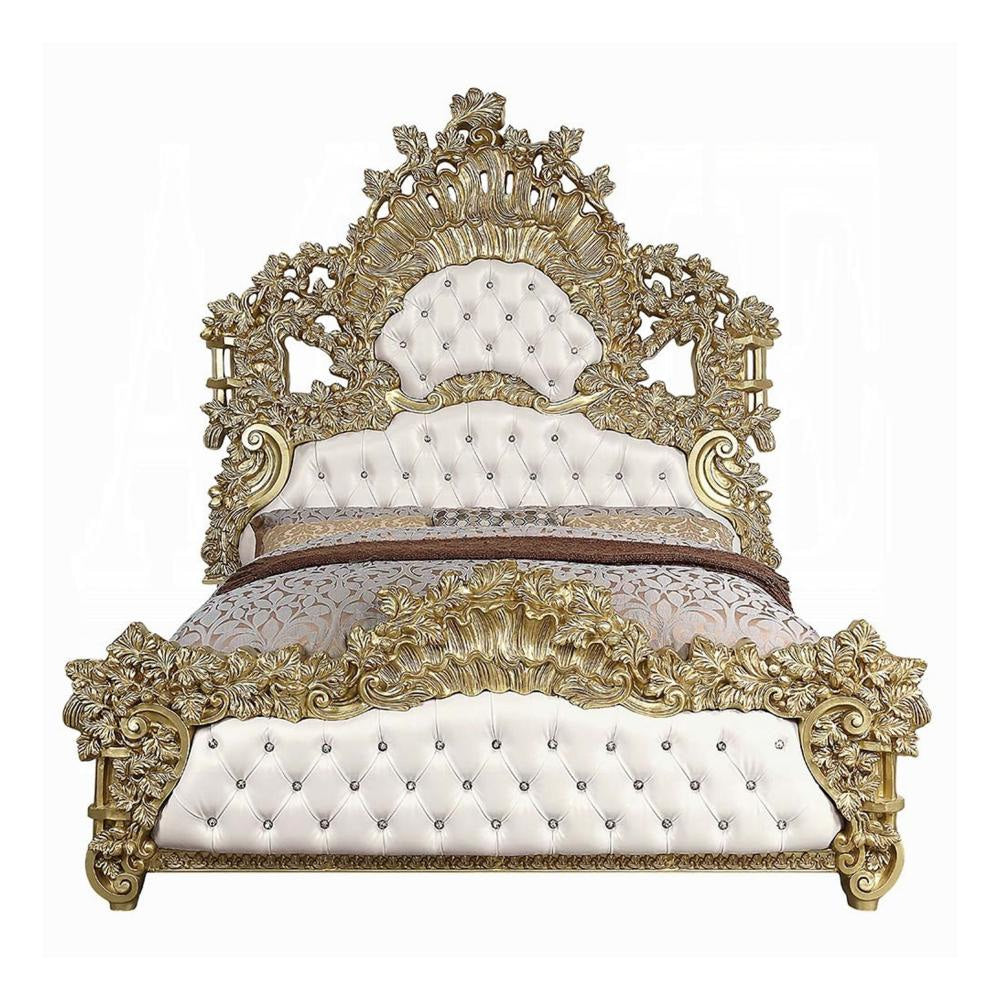 Rexx King Bed White Faux Leather Victorian Carved Classic Gold Wood BM327552