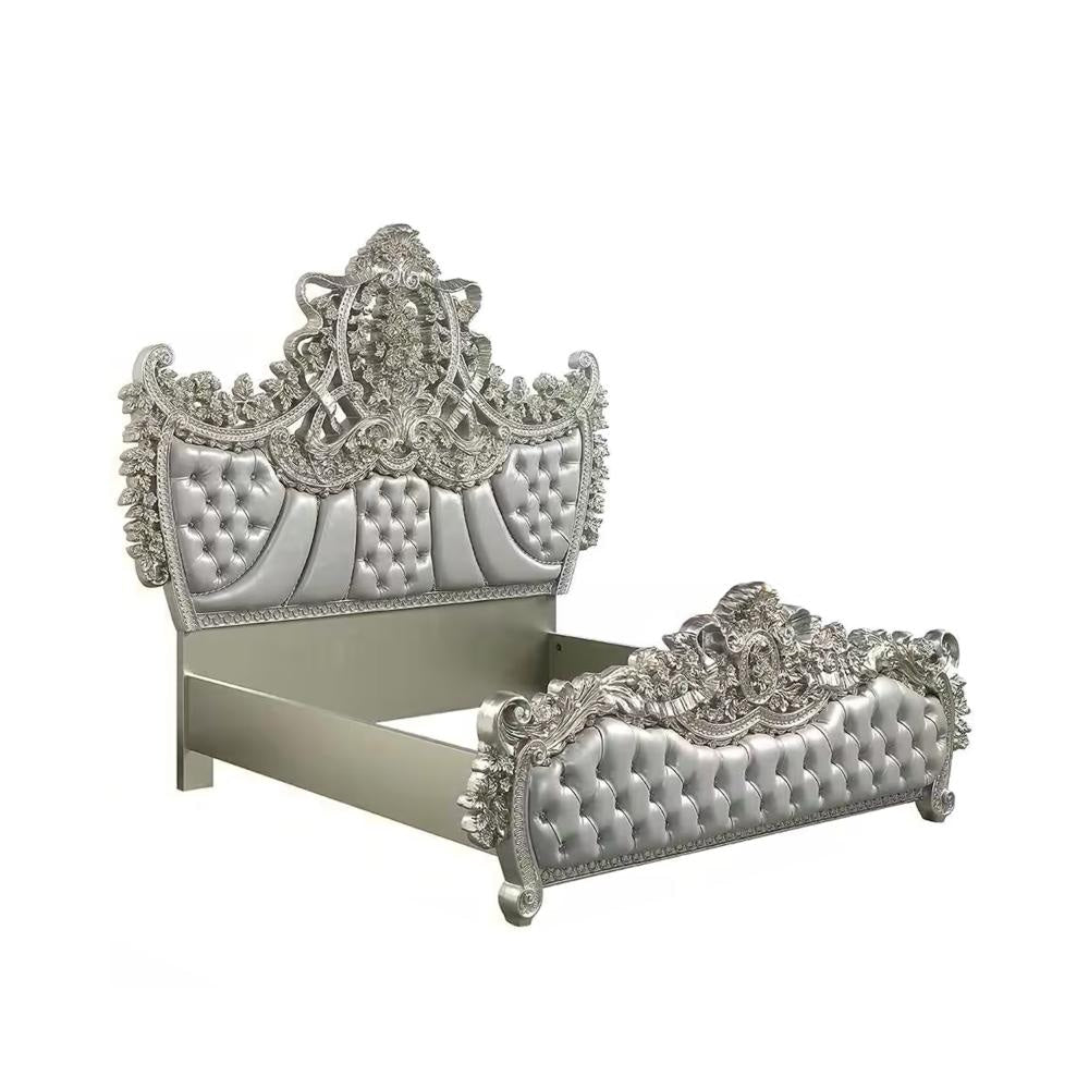 Dove King Bed Beige Faux Leather Victorian Carved Champagne Gold BM327553