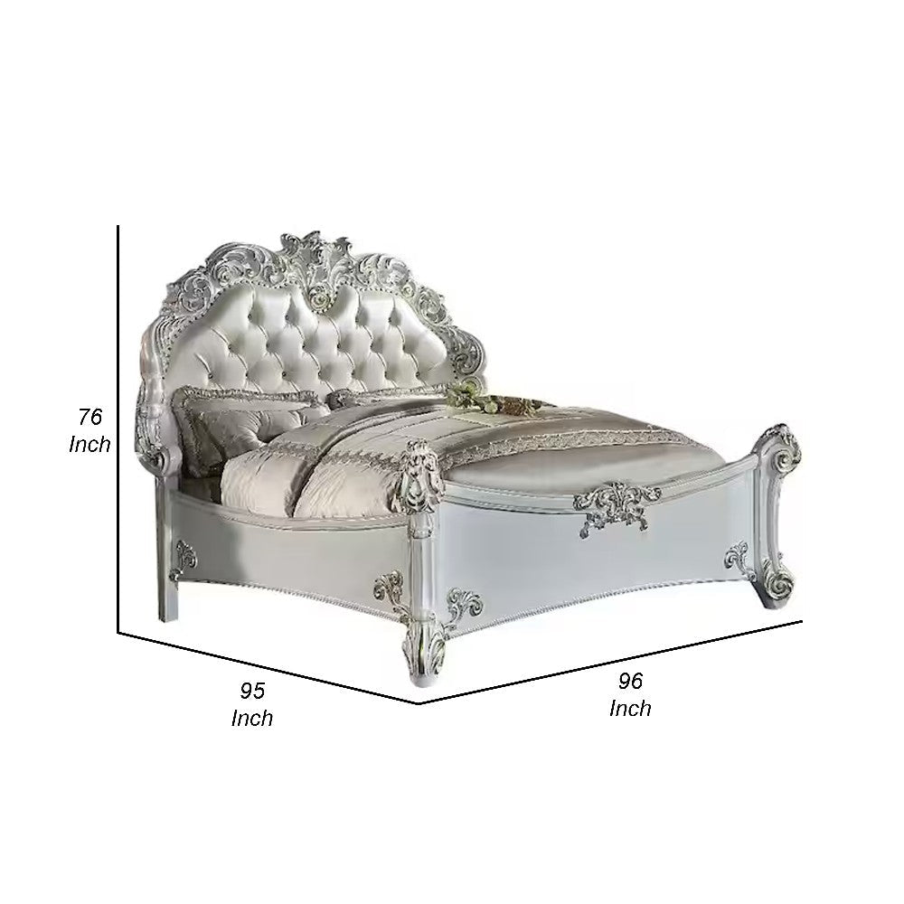Antoine King Bed Classical Style White Faux Leather Victorian Carved