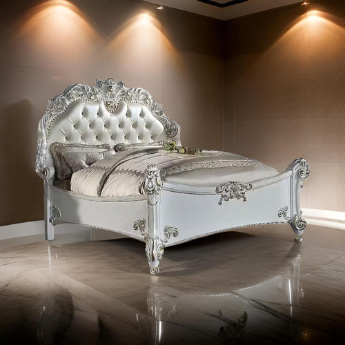 Antoine Queen Bed, White Faux Leather Victorian Carved, Antique White