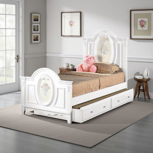 Auri Full Size Bed, Floral Motifs Arched Headboard, Classic White Wood