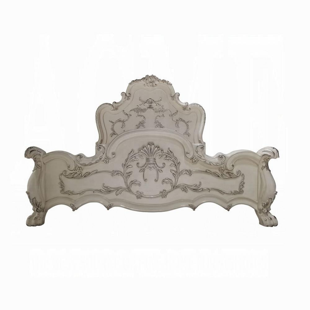 Ally King Bed Decorative Carved Accent Inlay Bone White Wood Silver