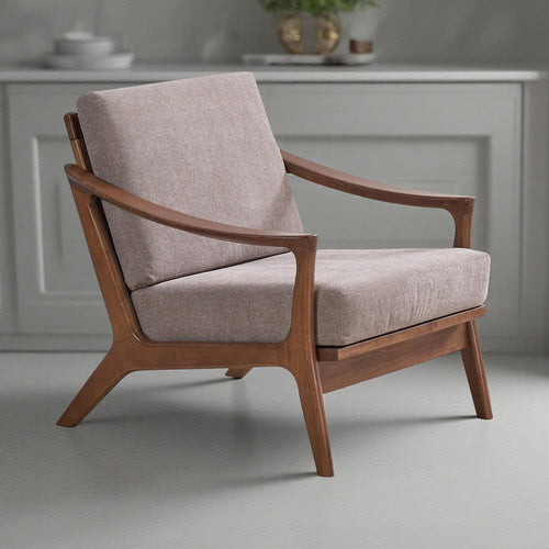 Liama Accent Chair, Light Brown Fabric, Soft Cushioning, Brown Wood
