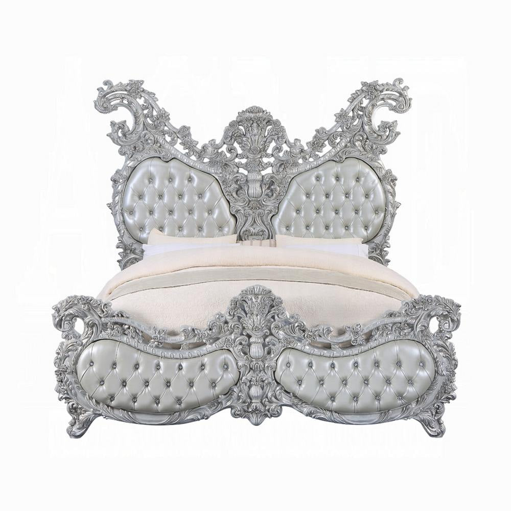 Vera King Size Bed Ornate Carving Platinum Faux Leather Upholstery BM327586