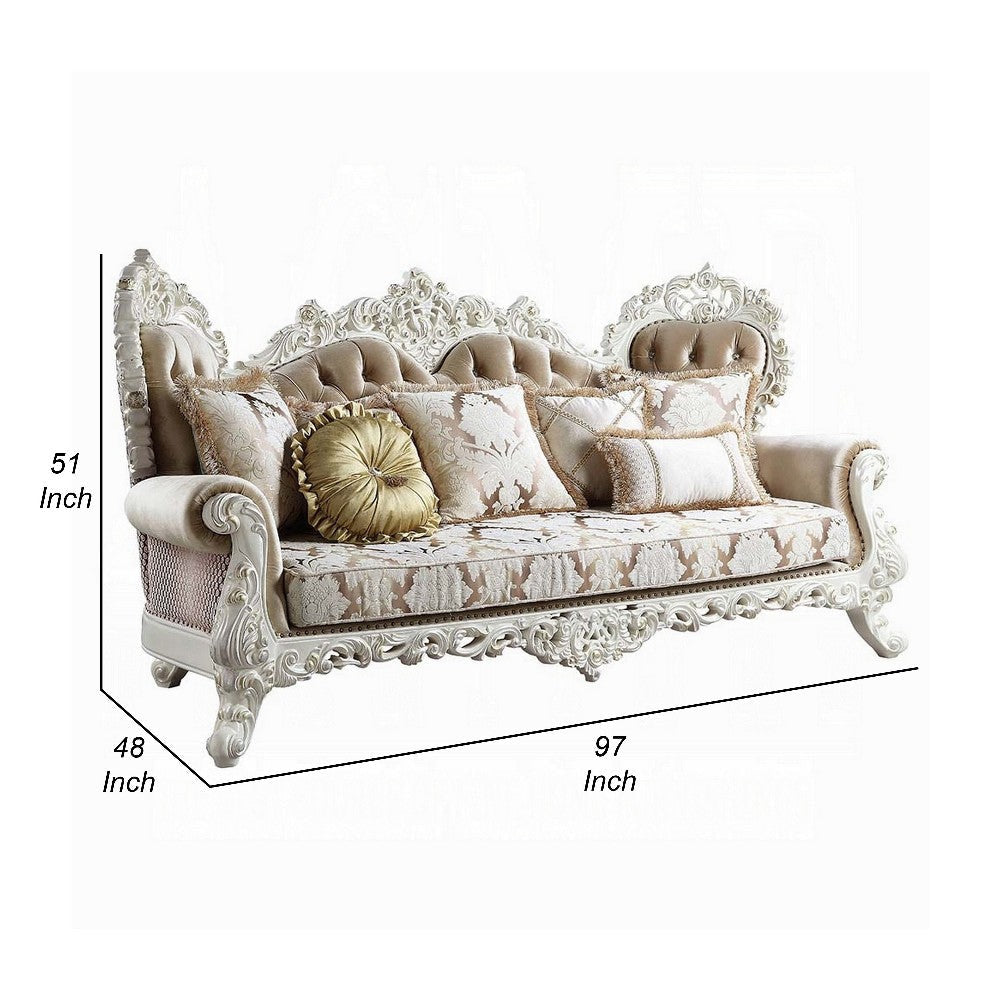 Kin Ornate Sofa 7 Accent Pillows Tufted Tan and Antique White BM327587