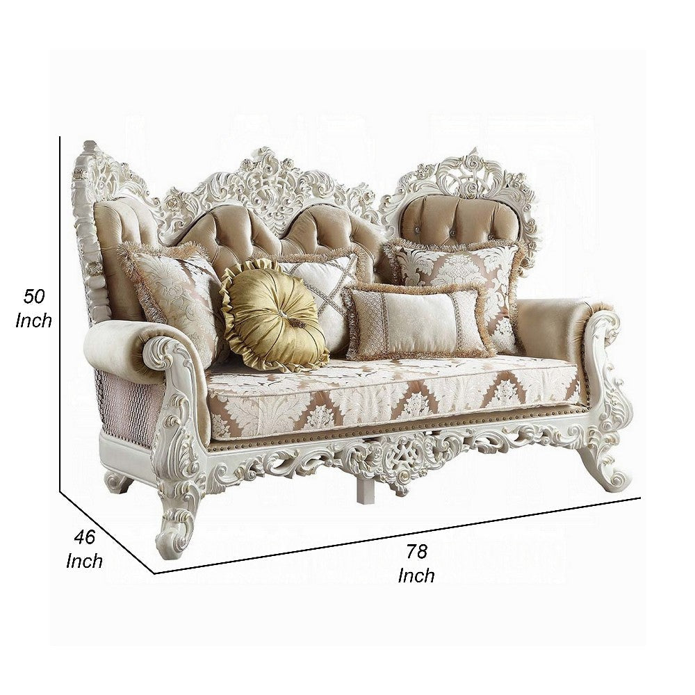 Kin Ornate Loveseat 5 Accent Pillows Tufted Tan Antique White, BM327588