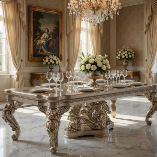 Mas Dining Table, Classical Carved Design, Champagne Gold, 110 Inch