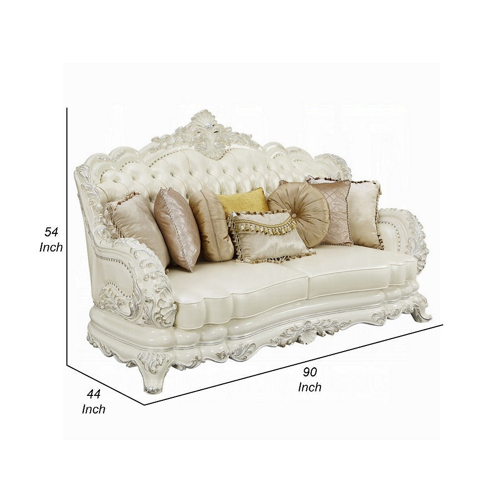 Rox Ornate Sofa 7 Accent Pillows Silver Tufted White Faux Leather BM327596