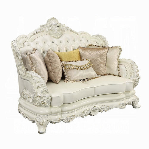 Rox Ornate Loveseat, 7 Accent Pillows, Tufted White Faux Leather