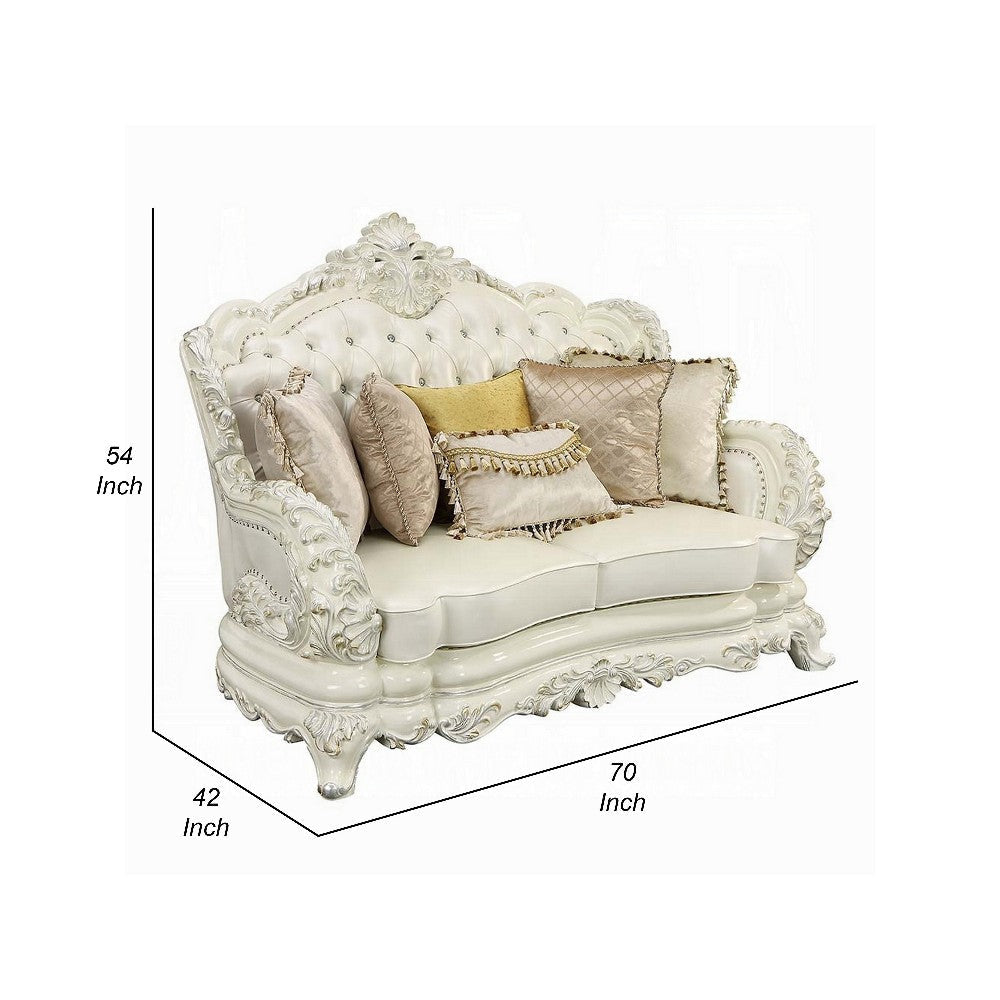 Rox Ornate Loveseat 7 Accent Pillows Tufted White Faux Leather BM327597