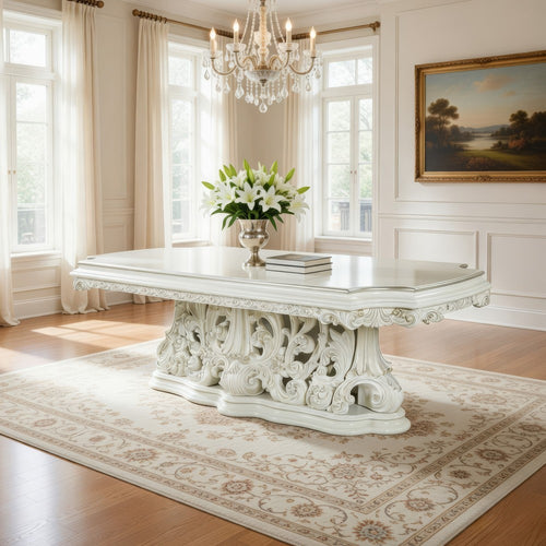 Rox Dining Table, Classic Carved Pedestal, White and Gold, 107 Inch