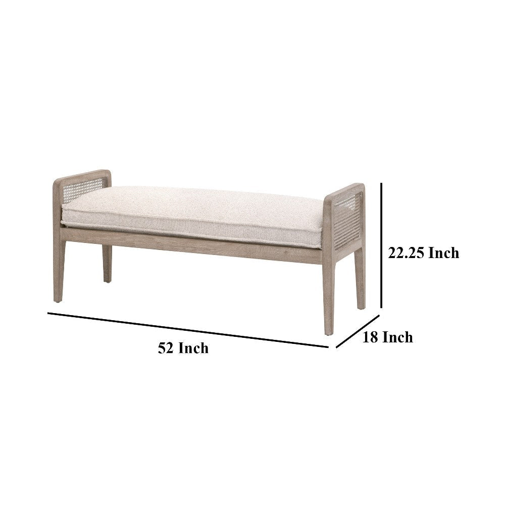 Accent Bench Cane Design Beige Gray Solid Oak Wood Finish 52 Inch BM327657