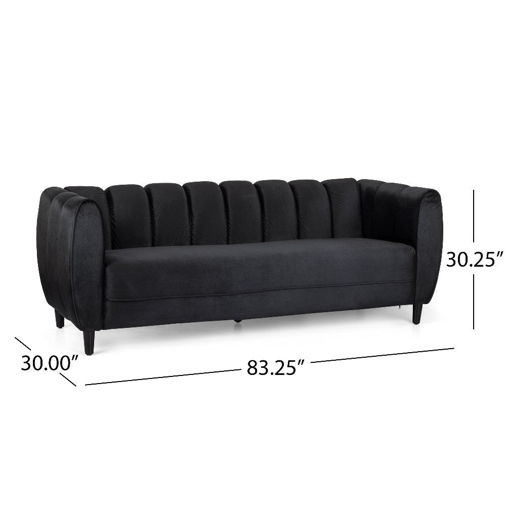 Orla Sofa 83 Inch Retro Channel Tufted Stitch Design Black Velvet BM327733