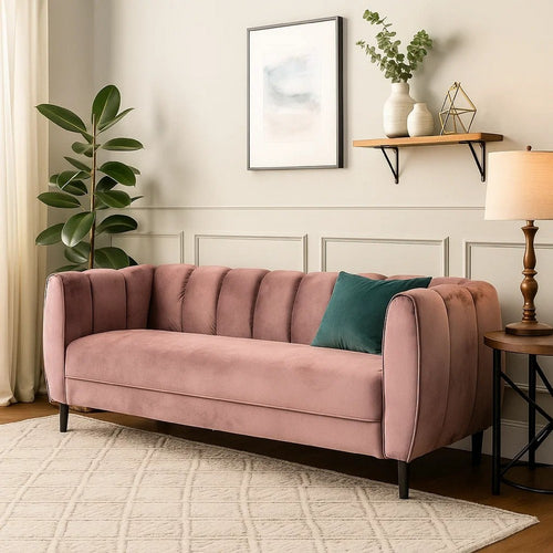 Orla Sofa, 83 Inch, Retro Channel Tufted Stitch Design, Pink Velvet