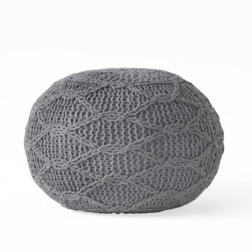 Ottoman Pouf, 20 Inch Round Shape, Knitted Boho Design, Gray Wool
