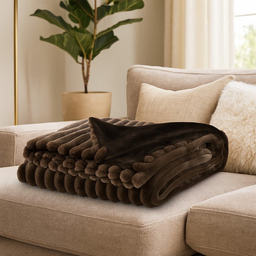 Ashley Faux Fur Throw Blanket | 61" Plush Dark Brown Striped Polyester