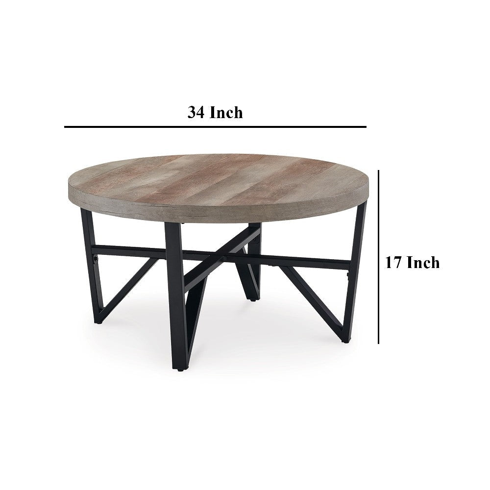 Ashley Hya 3pc Coffee and End Table Set | Brown Wood Round | Black Angular BM327826