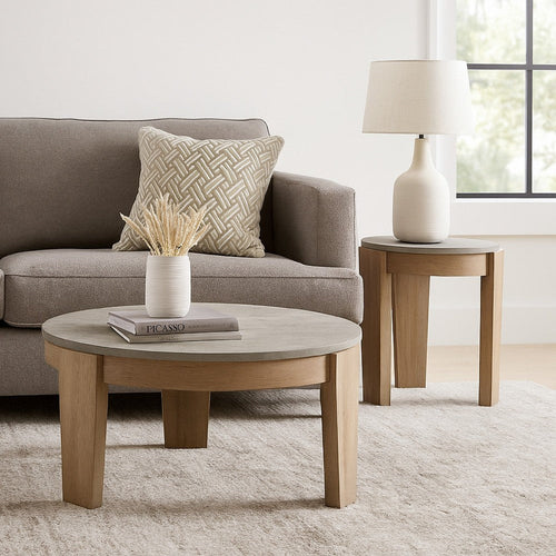 Ashley Hena 3pc Coffee and End Table Set | Round Gray Faux Cement | Brown