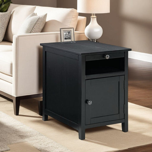 Ashley Gena Side End Table | Shelf and Pull Out Tray | Black Solid Wood 24"