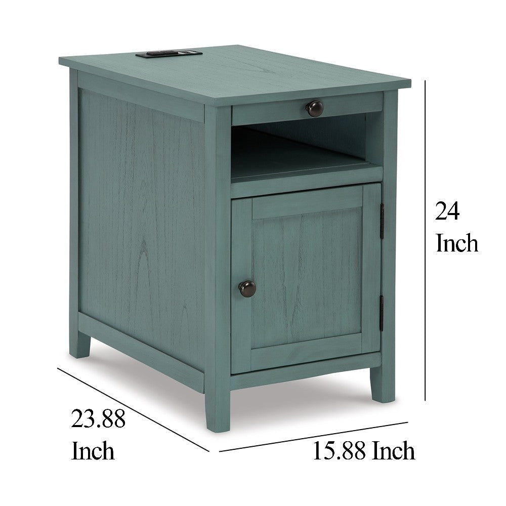 Ashley Gena Side End Table | Shelf and Pull Out Tray | Teal Solid Wood 24’’ BM327834