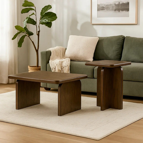 Ashley Medy 2pc Coffee and End Table Set | Wide Geometric Base Texture Brown