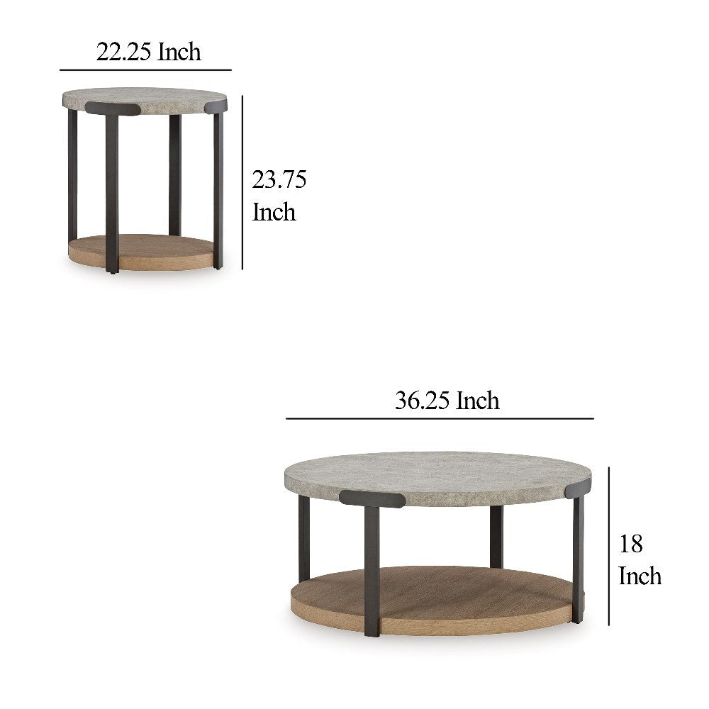 Ashley Hein 3pc Coffee n End Table Set | Gray Round Top w Shelf and Wheels BM327841