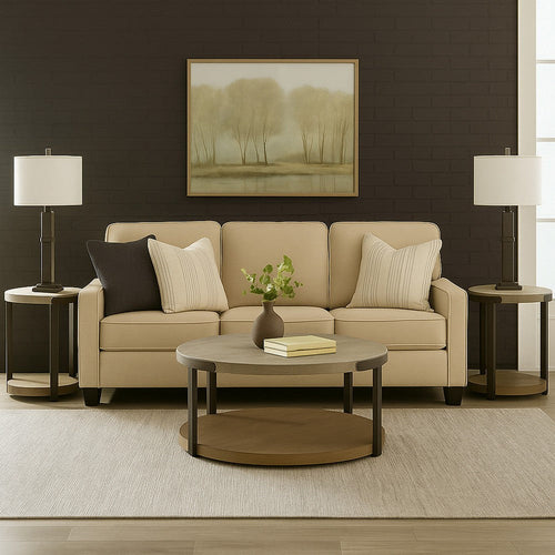 Ashley Hein 3pc Coffee n End Table Set | Gray Round Top w Shelf and Wheels