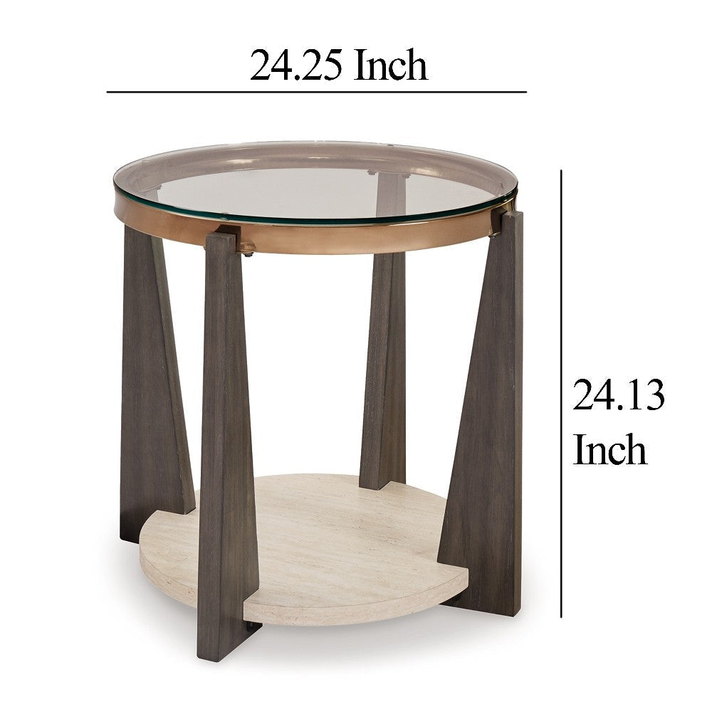 Ashley Miu Side End Table | 24’’ Round Glass Top w Shelf | Brown Angled Base BM327848